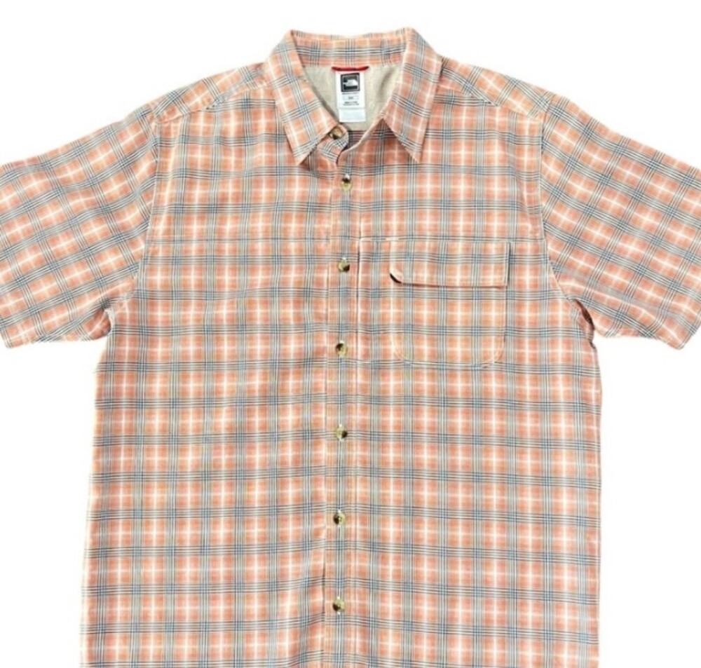 THE NORTH FACE Button Down Dress Shirt Mens M Short Sleeve Collared Orange Plaid